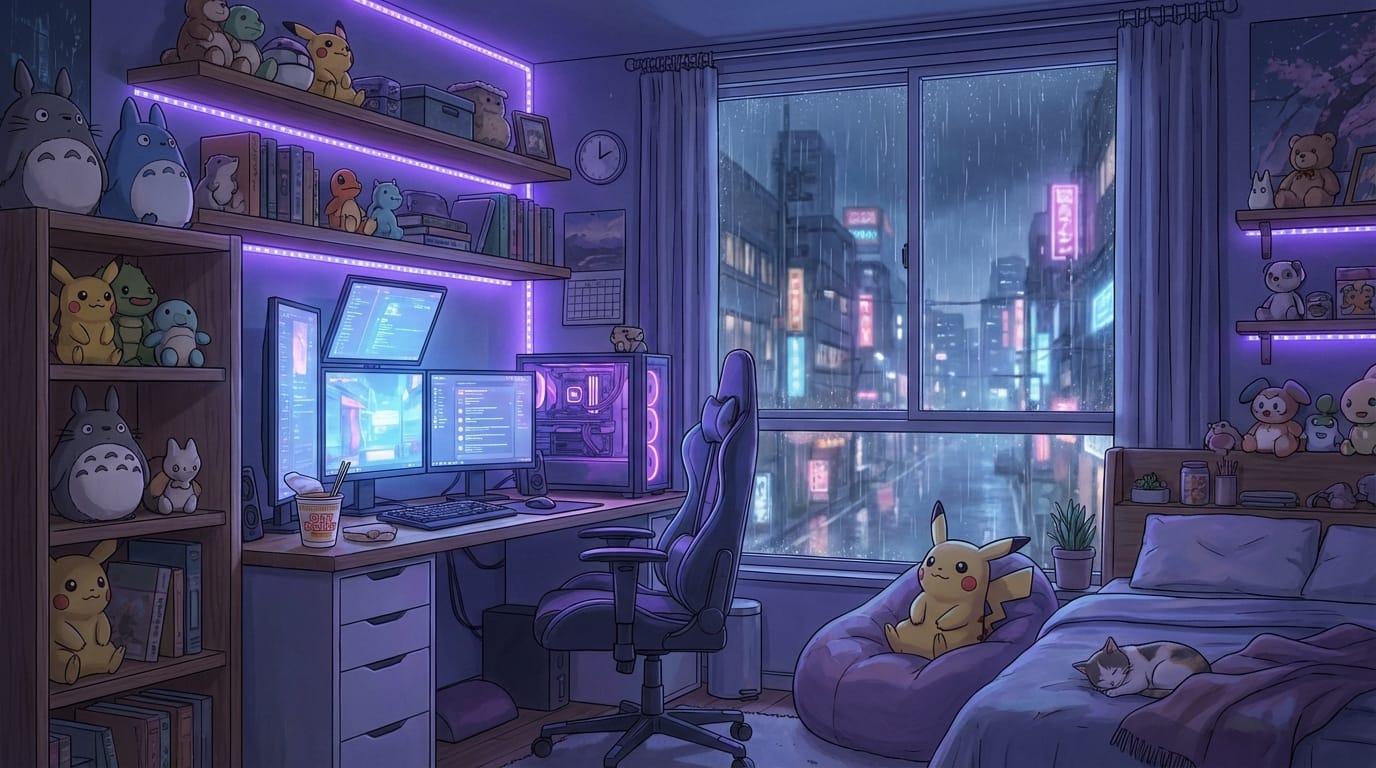 anime background art, cozy gamer bedroom at night, neon purple and blue lighting, gaming pc setup, plushies on shelf, window with rain city view, lo-fi aesthetic, highly detailed, makoto shinkai style --niji 7 --ar 16:9