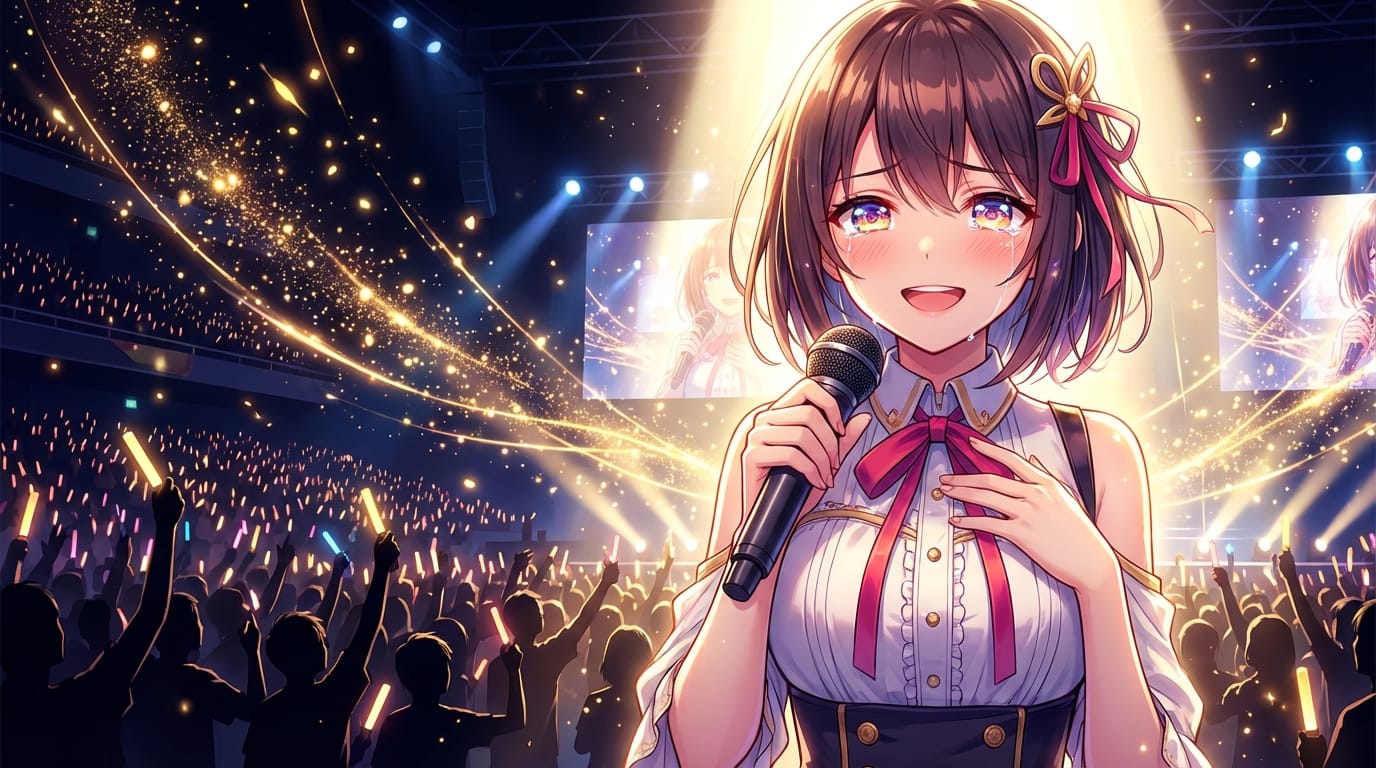 anime illustration, high quality, vtuber performing on stage, holding microphone, spotlight, concert crowd, sparkling particles, emotional expression, vibrant colors --niji 7