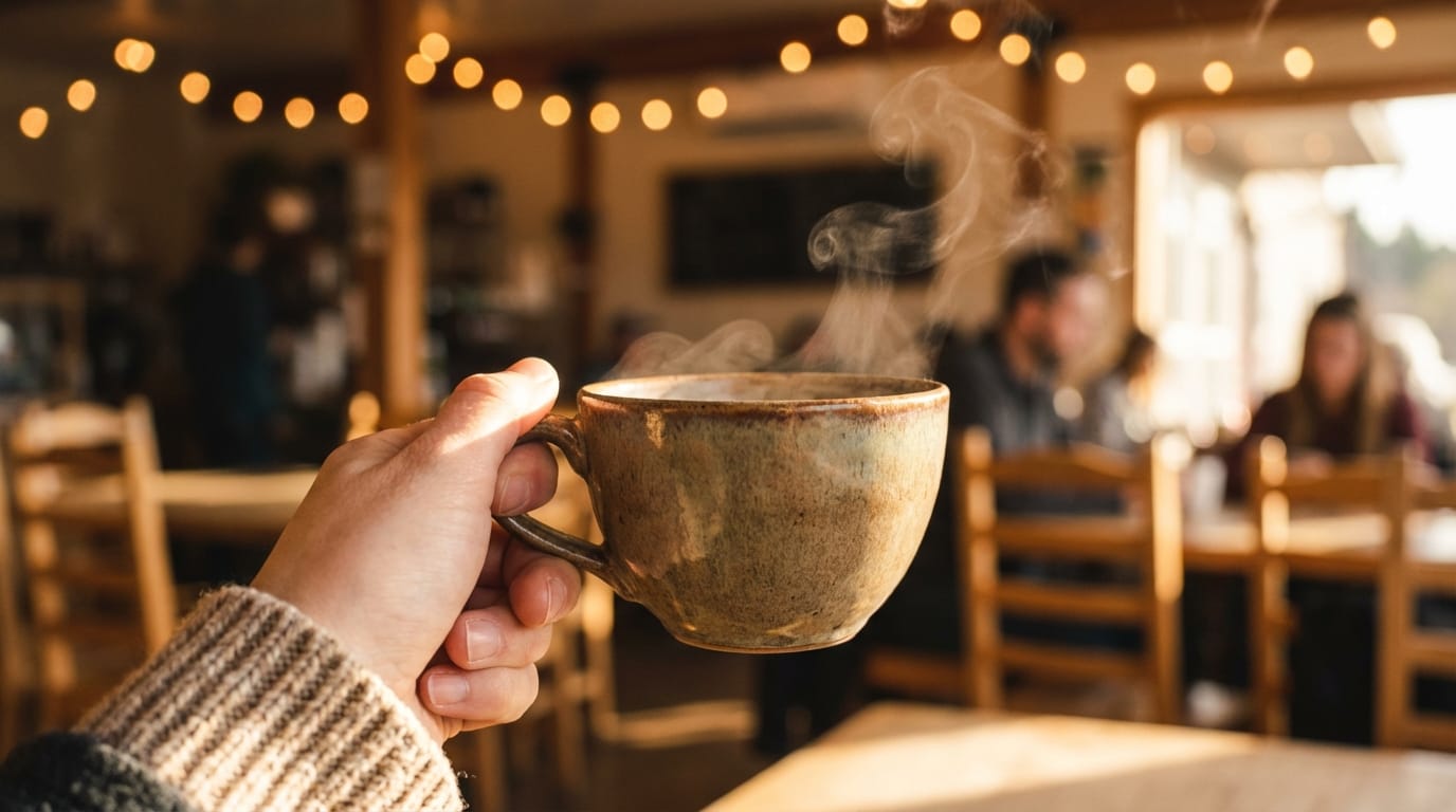 A close-up of a hand holding a ceramic coffee cup with steam rising gently, soft warm lighting, blurred cafe background, slow tracking shot moving slightly to the right, cozy and relaxing atmosphere, cinematic 8k quality