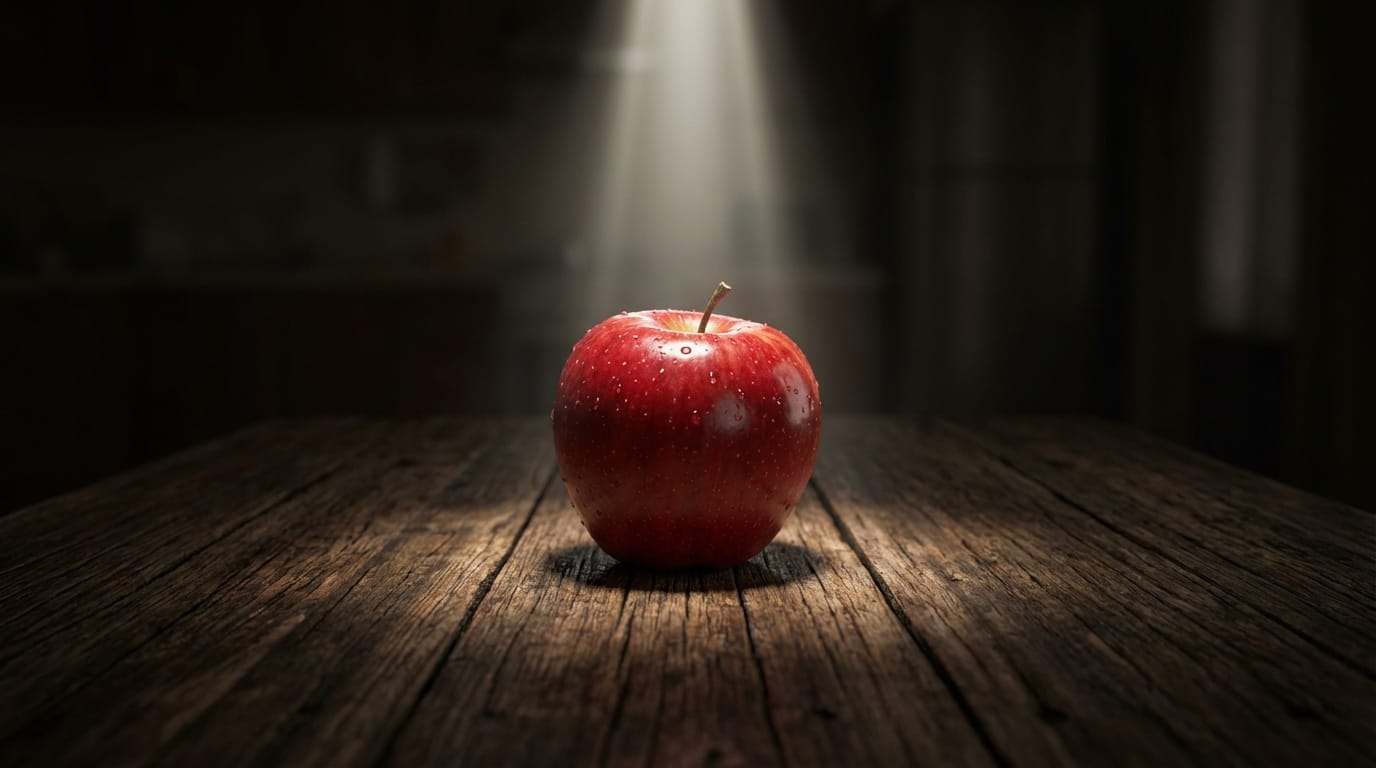 A single red apple sitting on a wooden table in a dark room, dramatic spotlight from above, camera performs a dolly zoom effect isolating the subject, high texture detail, cinematic food photography style