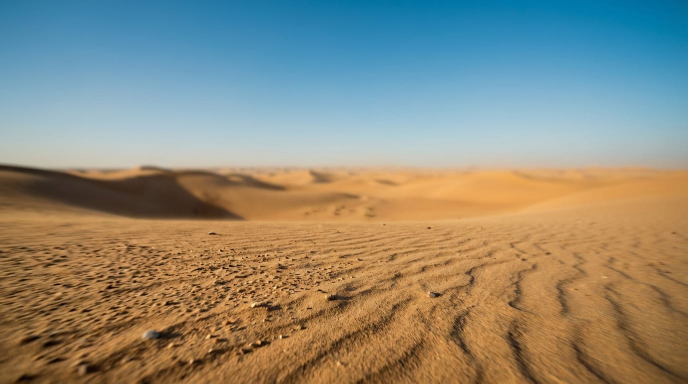A vast empty desert landscape with sand dunes, clear blue sky with space for text, sharp focus on the sand texture in the foreground, soft blur in the distance, slow panning camera movement from left to right, national geographic style
