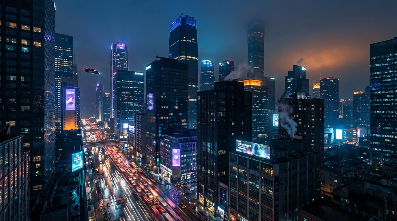 A futuristic city skyline at dusk with lights turning on in skyscrapers, busy traffic flow below appearing as light trails, wide angle lens, slow crane up camera movement, cyberpunk aesthetic, high contrast, detailed architecture