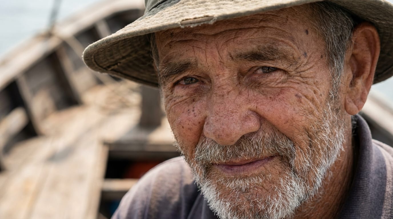 extreme close-up portrait of an elderly fisherman, weathered skin texture, natural sunlight, 85mm lens, subtle breathing motion, photorealistic 8k