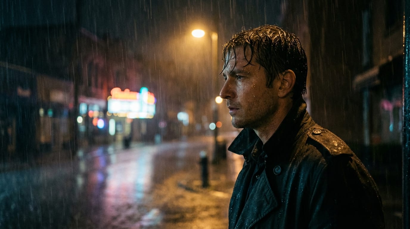 side profile of a man in rain, cinematic lighting, moody atmosphere, photorealistic