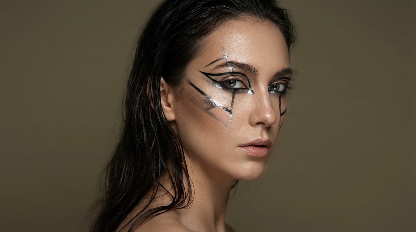 cinematic fashion portrait, female model with avant-garde makeup, studio lighting, slow motion head turn, high fidelity skin texture