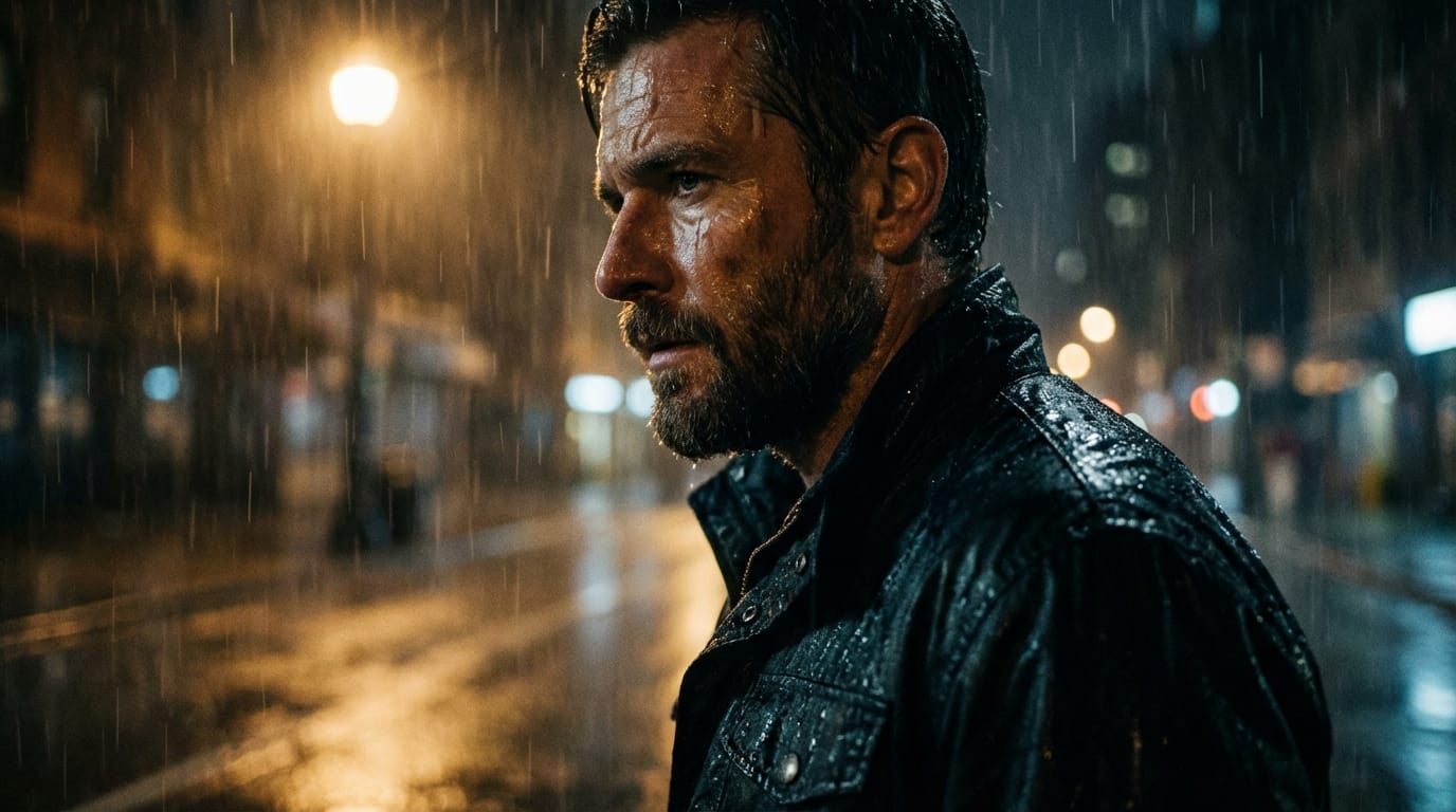 side profile of a man in rain, cinematic lighting, moody atmosphere, photorealistic