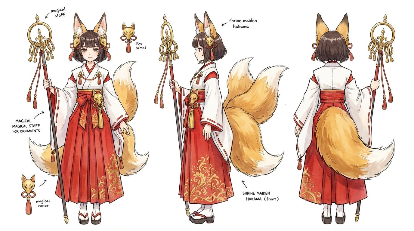 concept art, character sheet, front view, side view, back view, anime style, 1girl, fox ears, fluffy tail, shrine maiden outfit, red and white hakama, gold ornaments, magical staff, white background, studio setting, detailed accessories.