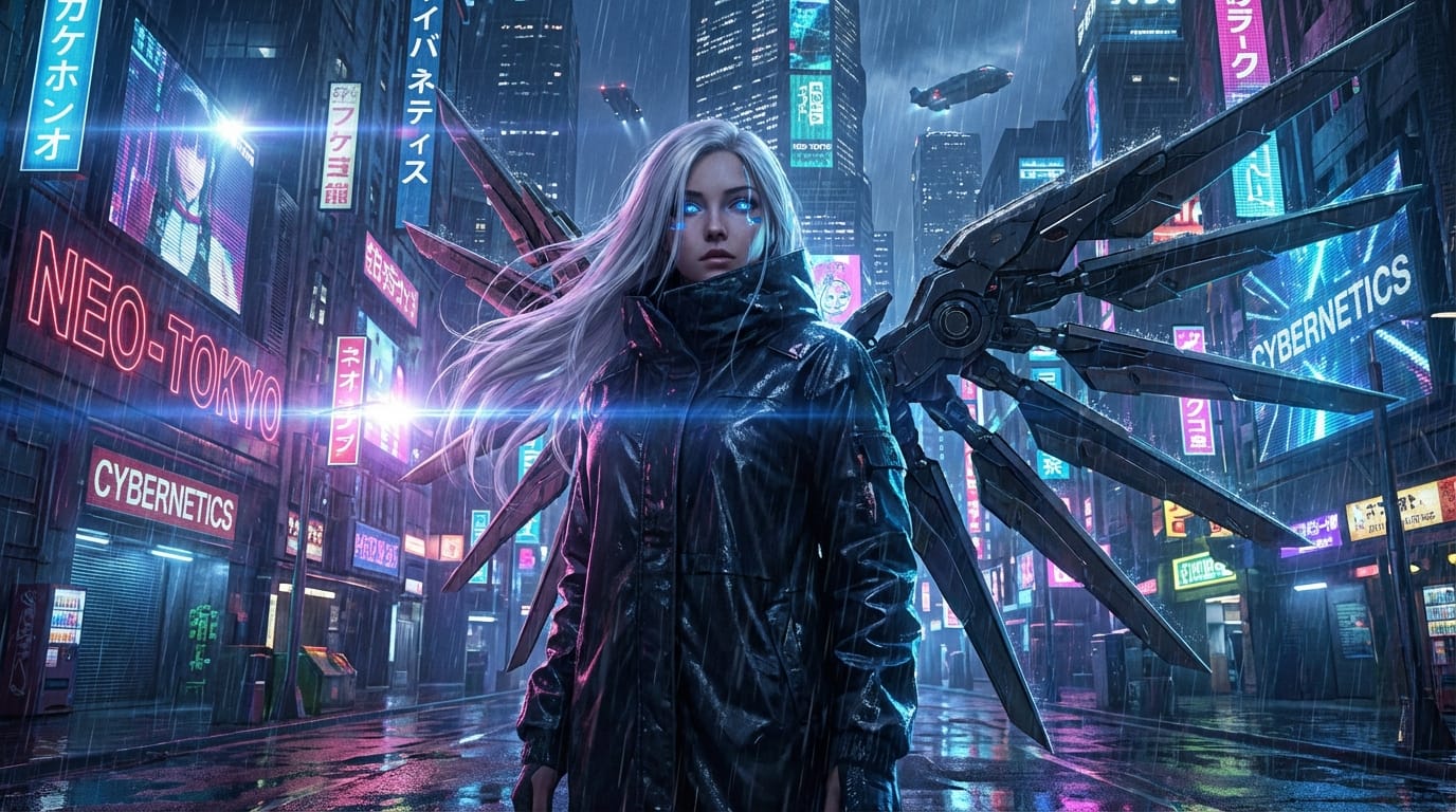 masterpiece, best quality, 1girl, solo, dynamic angle, wind blowing, long flowing silver hair, glowing blue eyes, futuristic cyberpunk city background, neon lights, rain wet street, mechanical wings, detailed mechanical parts, lens flare, cinematic lighting, 8k resolution.