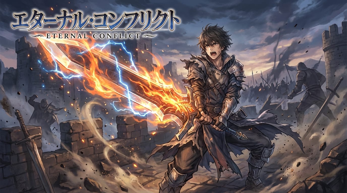 anime illustration, light novel cover, epic battle scene, male protagonist wielding a giant sword, magical effects, fire and lightning, crumbling castle ruins background, dramatic shadows, intense expression, particle effects, depth of field.