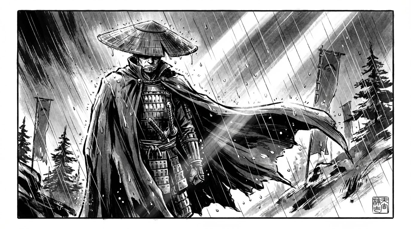 Japanese manga style, black and white ink illustration, a samurai standing in the rain, water droplets falling, dramatic lighting, high contrast, subtle motion of cape blowing in wind