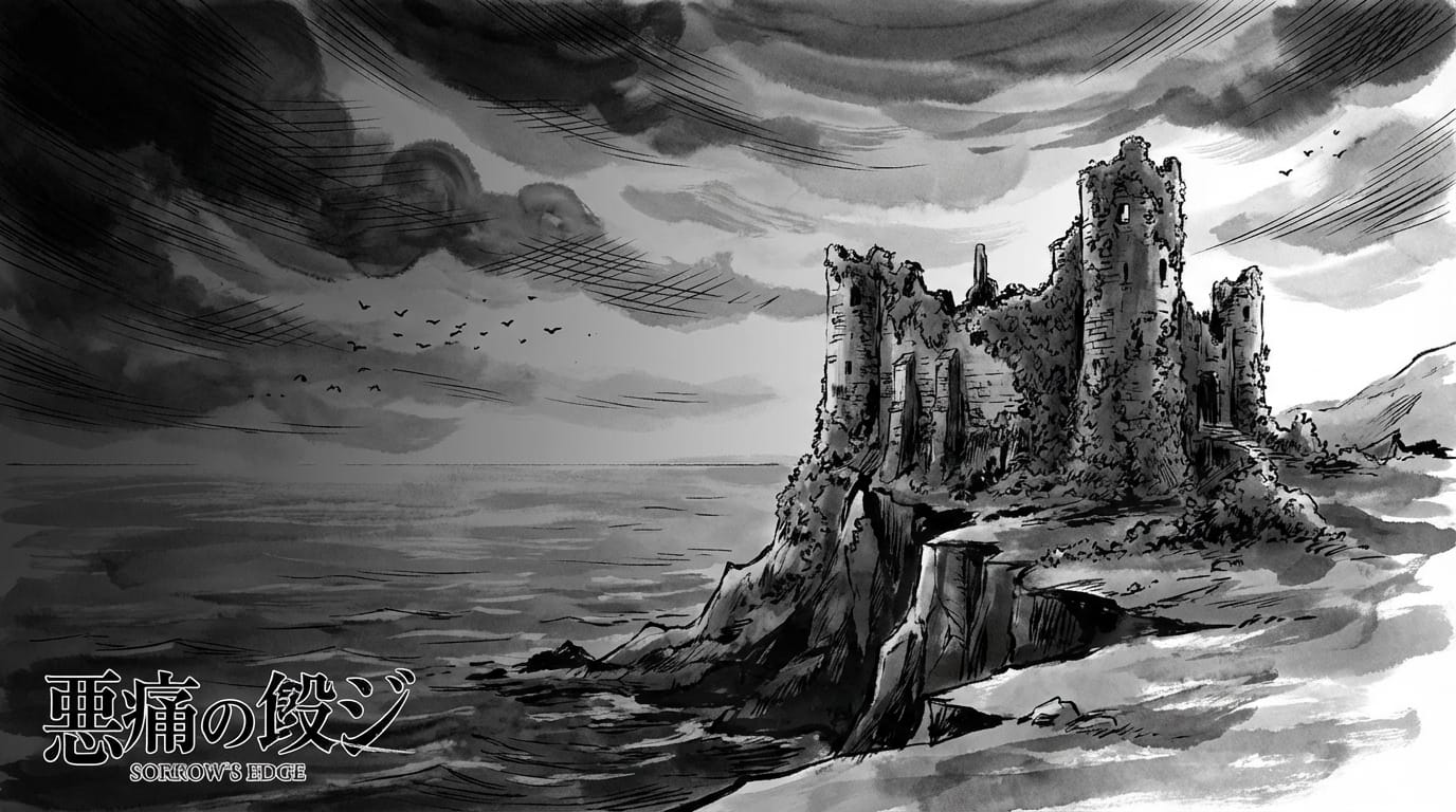 Manga art style, wide shot of a ruined castle on a cliff, clouds moving rapidly across the sky, birds flying in distance, black and white ink wash painting style, sorrowful atmosphere, slow camera pan from left to right