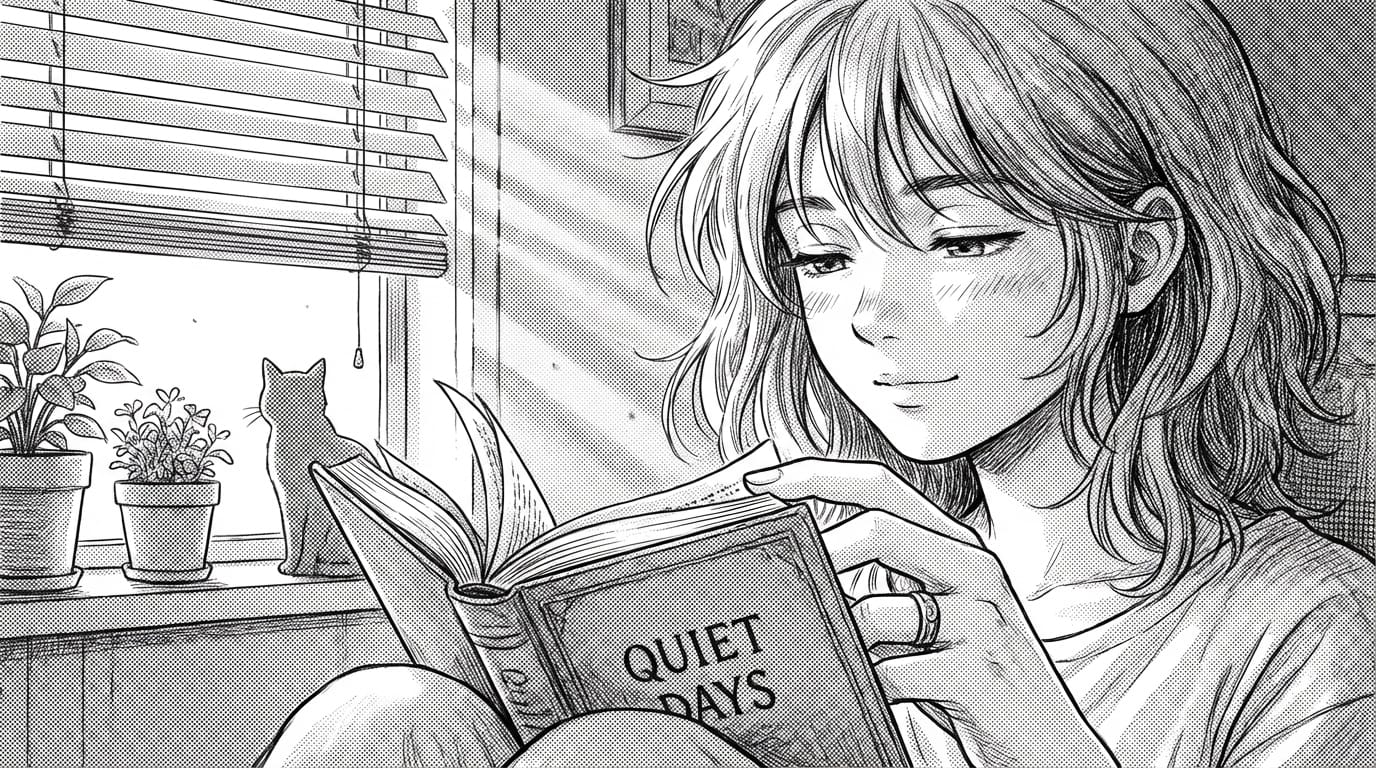 Anime manga style, close up of a female character reading a book by a window, sunlight shifting through blinds, eyes blinking slowly, turning a page, peaceful slice of life vibe, detailed hatching textures