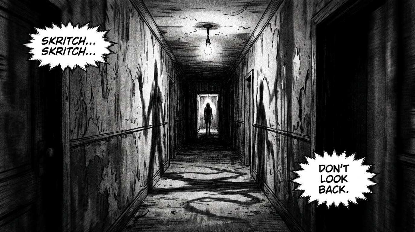 Horror manga style, dark hallway, flickering light bulb casting scary shadows, subtle camera shake, grain filter, high contrast noir style, ominous atmosphere, static composition with lighting changes