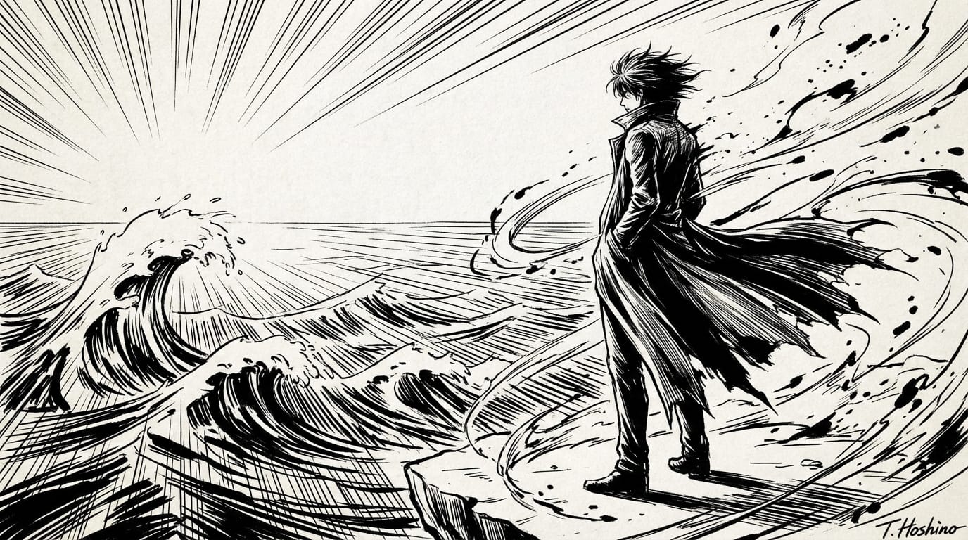 Manga style, side profile of a man looking at the ocean, wind blowing through coat, waves crashing in background, ink splatter effects, contemplative mood, slow motion
