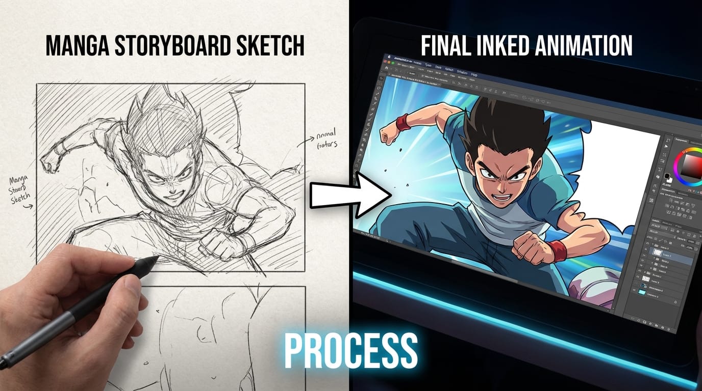 Split screen comparison, manga storyboard sketch turning into final inked animation, creative process visualization