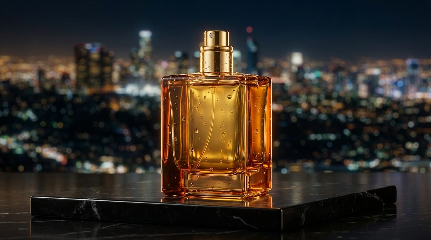 A professional studio photography shot of a luxury perfume bottle made of amber glass, placed on a black marble surface. Soft golden rim lighting, cinematic atmosphere, 4k resolution, extremely detailed, water droplets on the bottle, bokeh background of a night city.