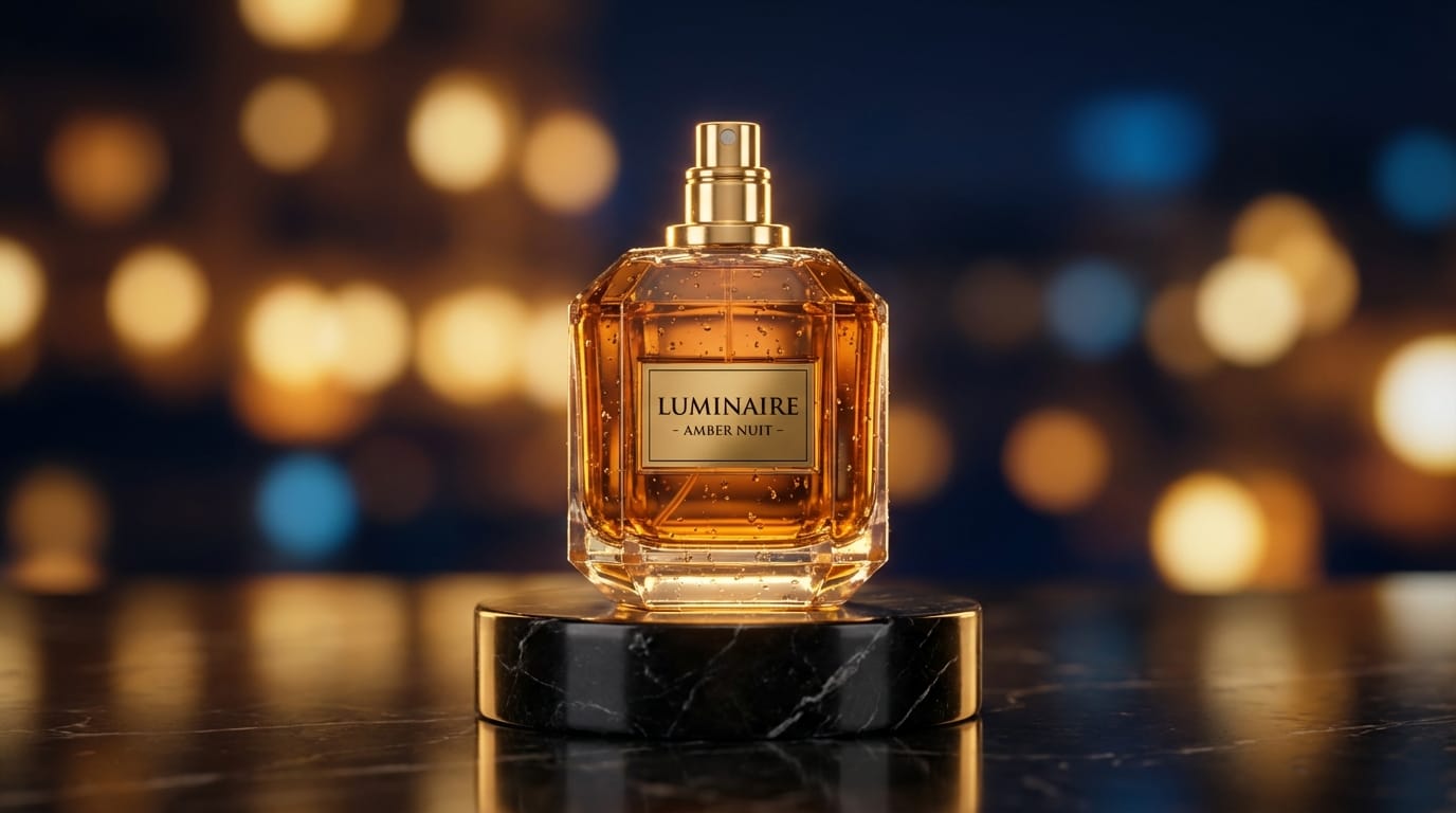 A professional studio photography shot of a luxury perfume bottle made of amber glass, placed on a black marble surface. Soft golden rim lighting, cinematic atmosphere, 4k resolution, extremely detailed, water droplets on the bottle, bokeh background of a night city.