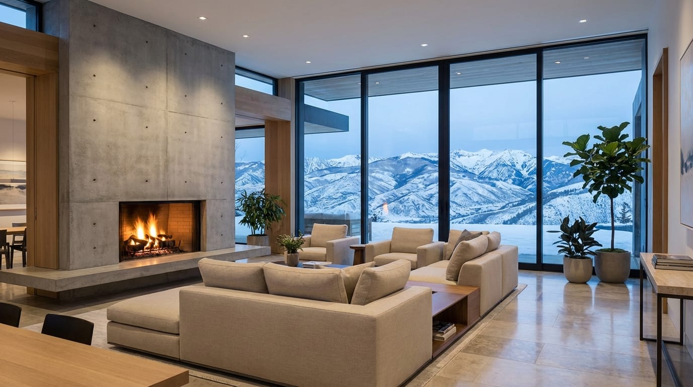 A modern minimalist living room interior design, floor-to-ceiling windows overlooking a snowy mountain range, warm fireplace light, beige furniture, photorealistic, architectural digest style, 8k resolution, wide angle lens.