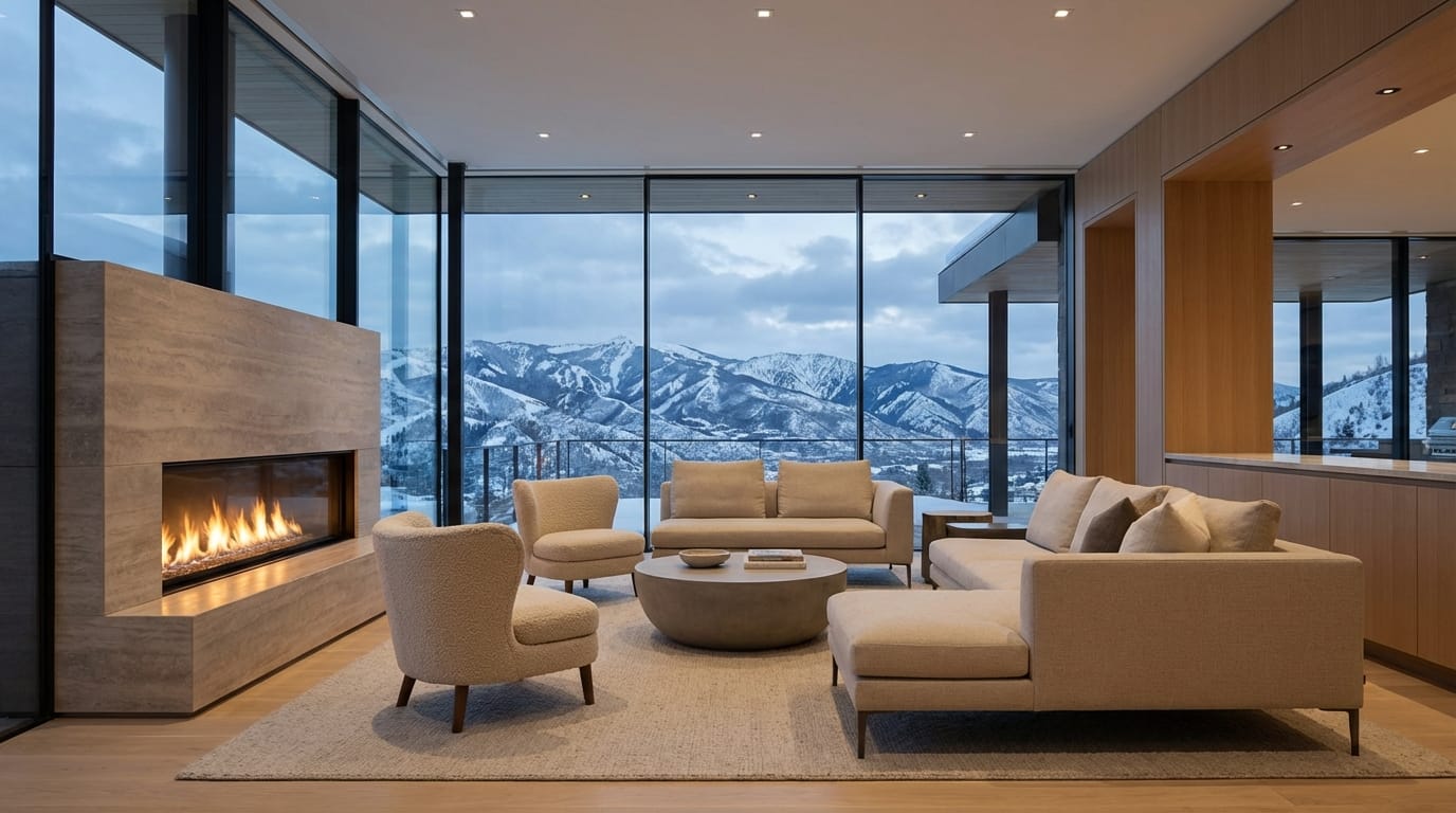 A modern minimalist living room interior design, floor-to-ceiling windows overlooking a snowy mountain range, warm fireplace light, beige furniture, photorealistic, architectural digest style, 8k resolution, wide angle lens.