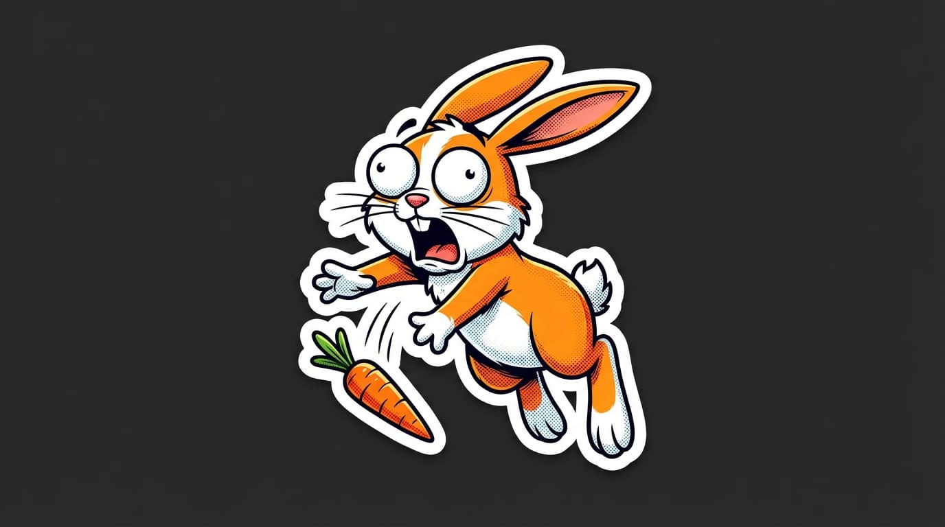 A die-cut sticker illustration of a shocked cartoon rabbit dropping a carrot, exaggerated wide eyes, open mouth, comic style, vibrant orange and white colors, thick white outline, isolated on a dark background, high resolution, expressive emotion