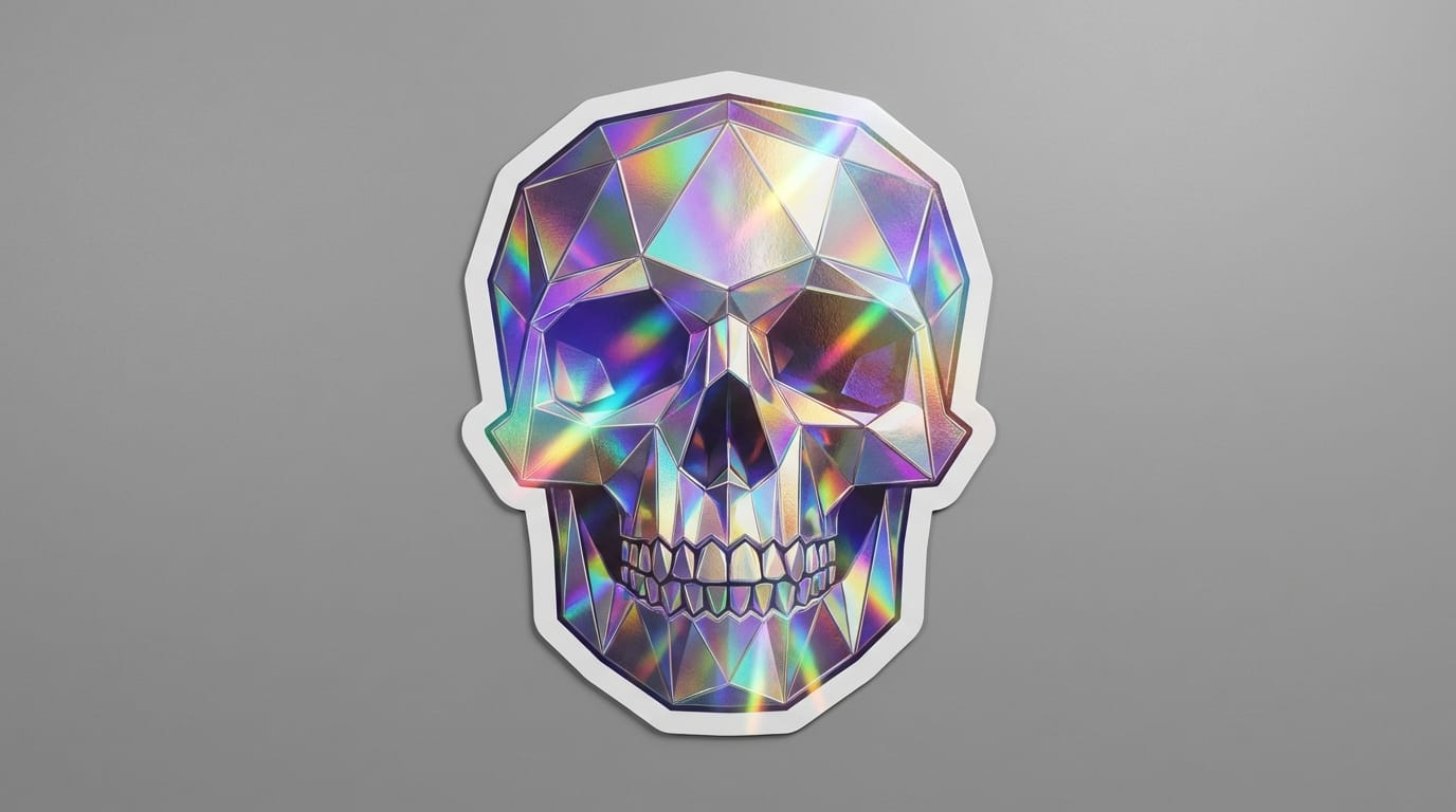 A holographic sticker design of a crystal skull, iridescent colors, rainbow reflections, metallic texture, shiny surface, white die-cut edge, futuristic style, studio lighting, high detail