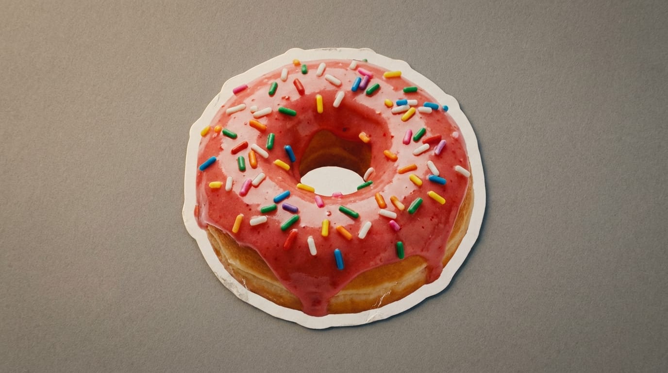 A realistic sticker of a delicious strawberry frosted donut with colorful sprinkles, soft cinematic lighting, macro details, wet glaze texture, white paper border, isolated on grey background, 8k resolution, food photography style