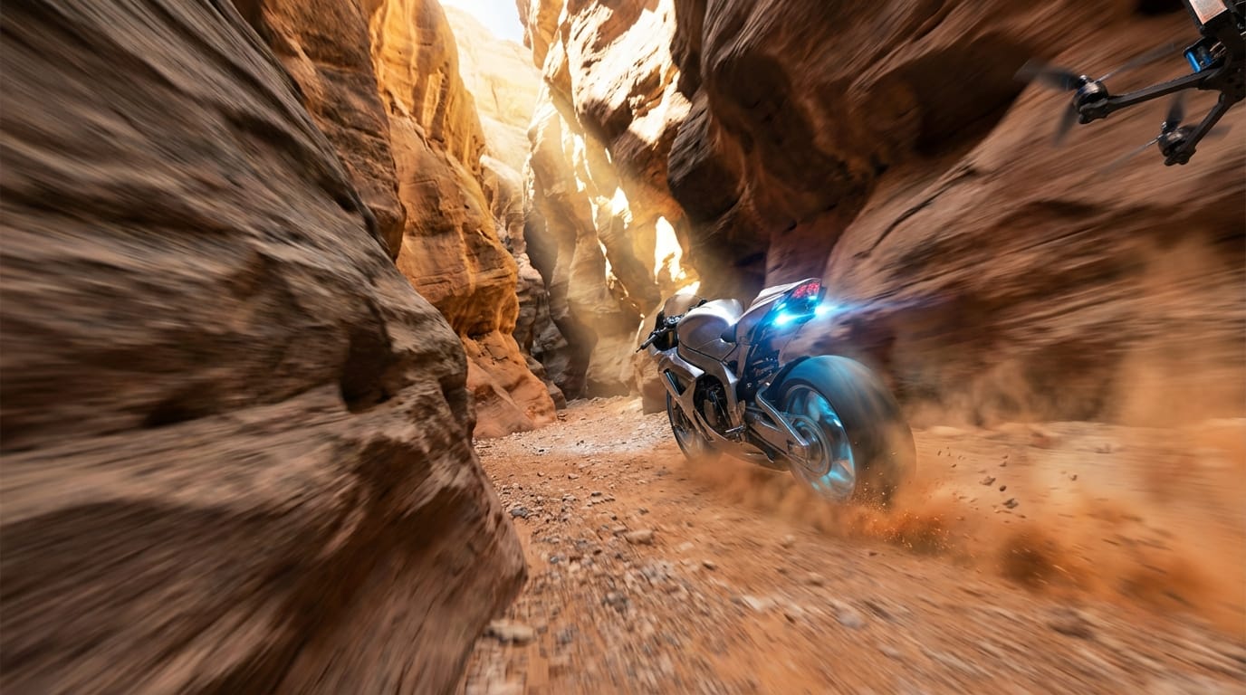 FPV drone shot flying rapidly through a narrow canyon, chasing a futuristic hoverbike. Dust kicks up from the ground, motion blur, hyper-realistic rock textures, sunlight cutting through the crevices.
