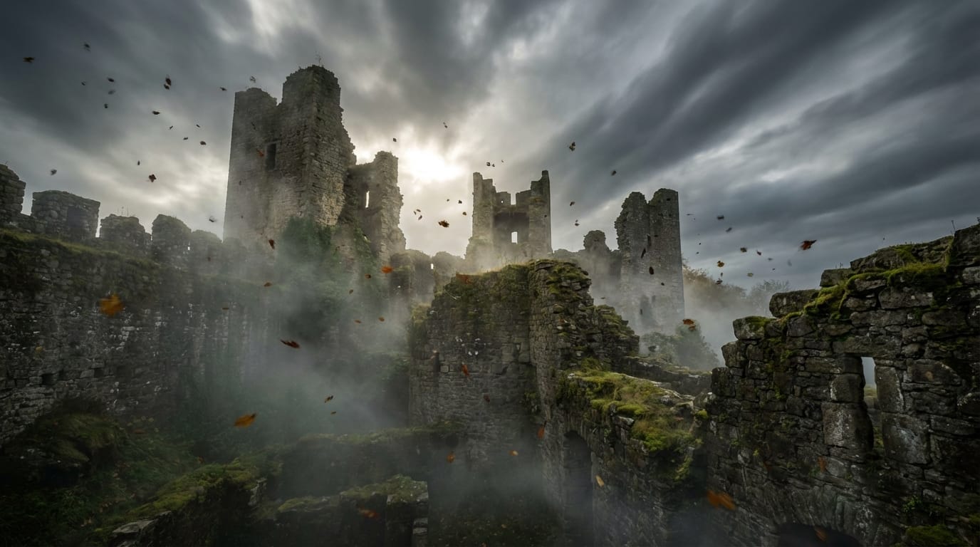 The camera slowly pushes in on the castle ruins. Leaves blow gently in the wind, clouds move rapidly across the sky, maintaining the exact lighting and style of the reference image.