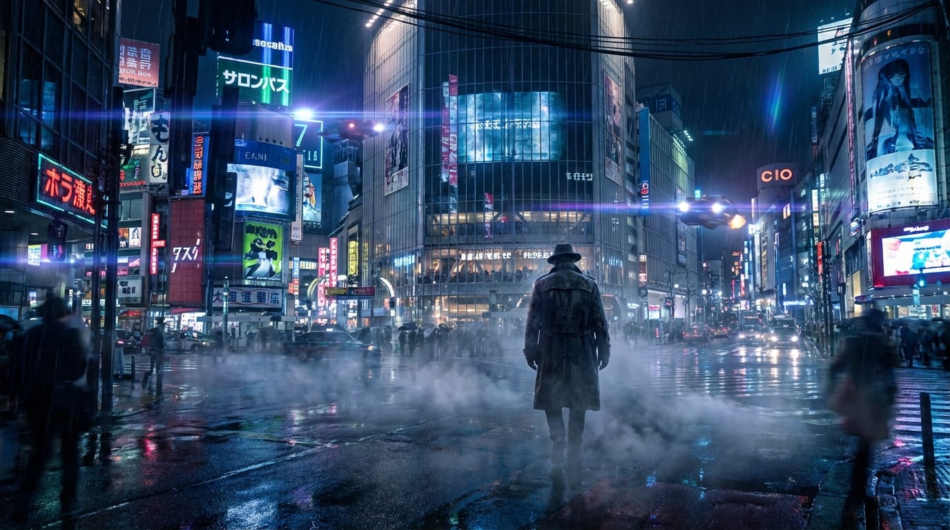 A cinematic wide shot of a cyberpunk street at night, rain slicking the neon-lit pavement. A mysterious figure in a trench coat walks slowly away from the camera, volumetric fog swirling around their feet. Anamorphic lens flares, high contrast, photorealistic textures, 8k resolution.
