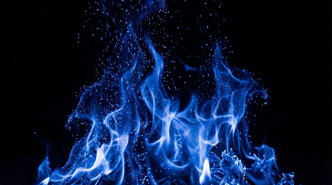 Close up of a magical blue fire burning in the void, no background, high detail flames, sparks flying upward, slow motion, 4k texture quality.