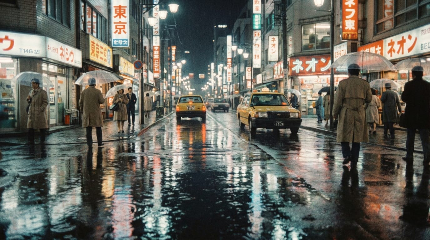 Night time Tokyo street 1980s, neon signs reflecting in rain puddles, people walking with umbrellas, city pop atmosphere, soft focus, cinematic 4k