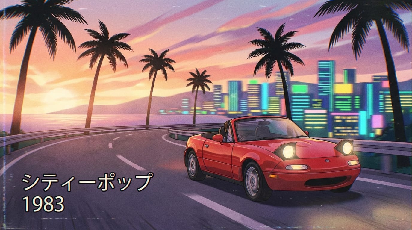 1980s anime style city pop aesthetic, a red convertible driving along a coastal highway at sunset, palm trees passing by, vibrant pastel colors, lo-fi texture, cinematic lighting