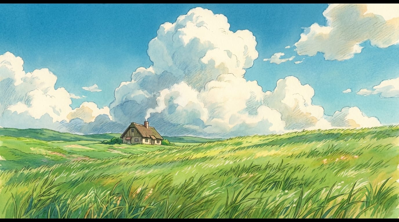 A wide shot of a lush green meadow with a small cottage in the distance, huge fluffy white cumulus clouds in a bright blue sky, studio ghibli style, hand drawn animation style, wind blowing through grass, cinematic lighting