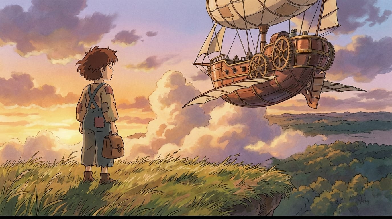 A young girl with short hair standing on a cliff edge looking at a steampunk airship flying nearby, sunset lighting, studio ghibli art style, cel shaded, anime style, high detail, 2d animation