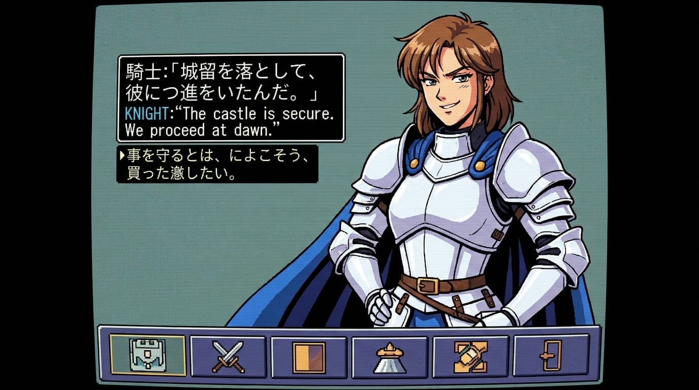 retro anime visual novel sprite, fantasy female knight, waist up, white armor, confident expression, 90s rpg style, flat color background, cel shaded, sharp lines, dvd screencap quality.