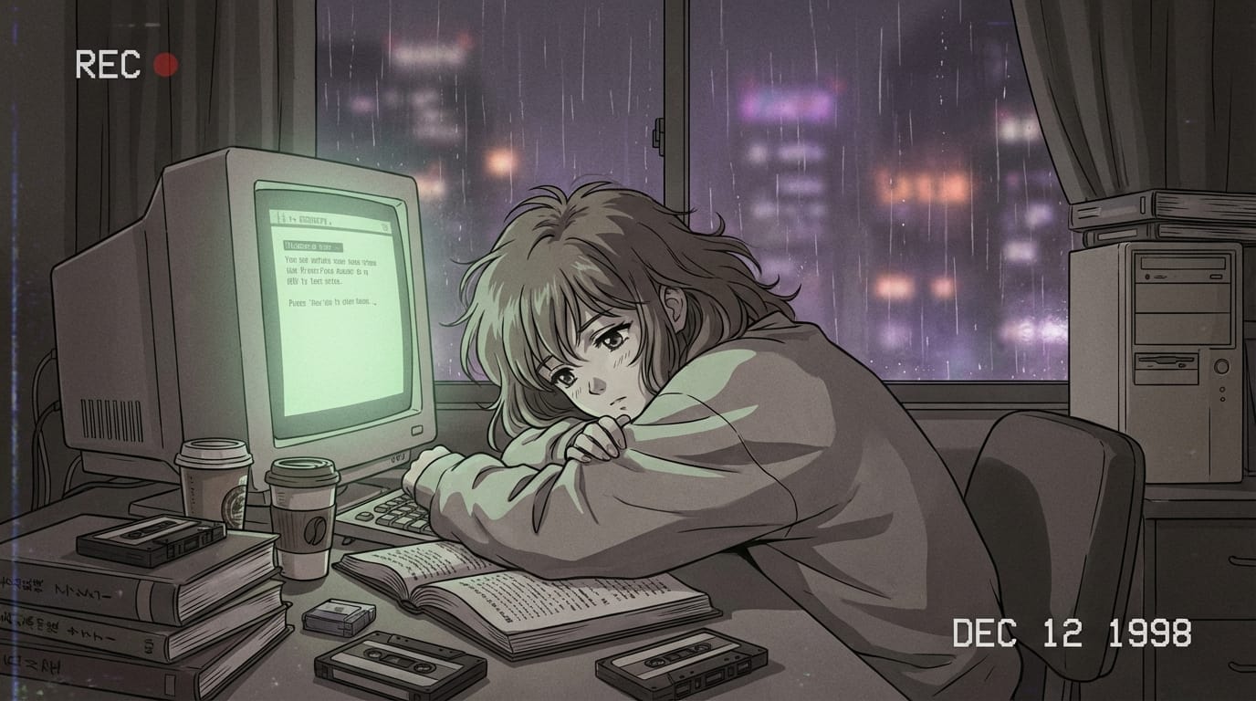 1990s anime style, lo-fi hip hop aesthetic, a girl studying at a messy desk at night, rain on window, city lights in background, crt monitor glow, retro computer, VHS tape effect, muted tones.