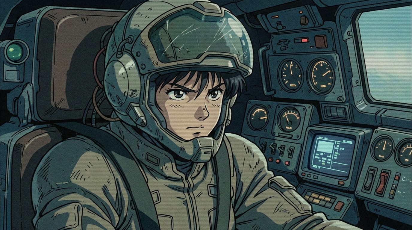 1990s anime screenshot, close up of a female mecha pilot in a cockpit, retro art style, cel shading, muted colors, film grain, high contrast, ova style, detailed helmet