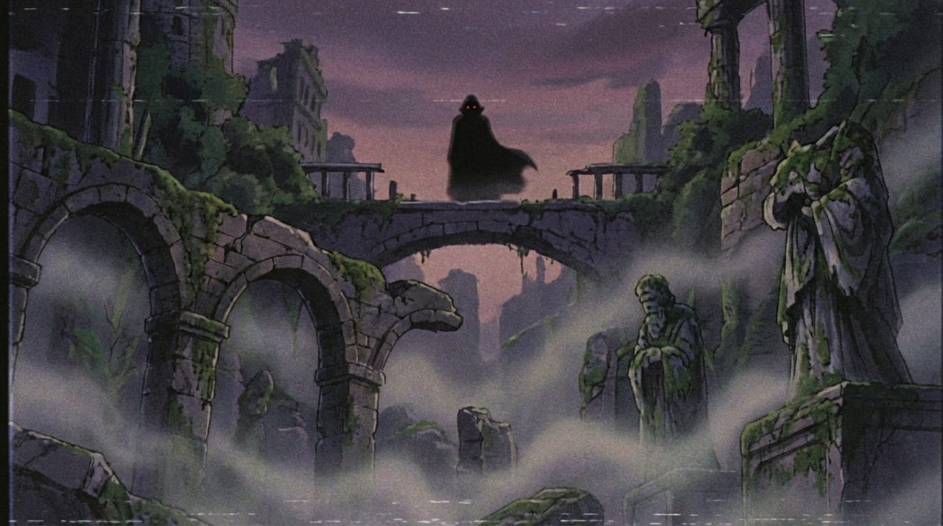 1980s dark fantasy anime screenshot, mysterious ancient ruins, fog, creepy atmosphere, grainy footage, low resolution, tv static, faded colors, ominous shadow figure.