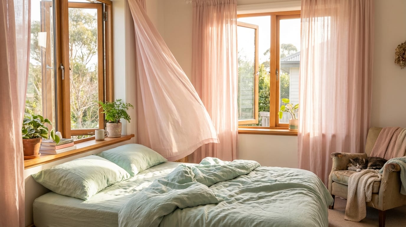 A cozy bedroom with large windows, pale pink curtains blowing in the wind, mint green bed sheets, soft morning sunlight, lo-fi aesthetic, pastel colors, cinematic lighting, 1080p