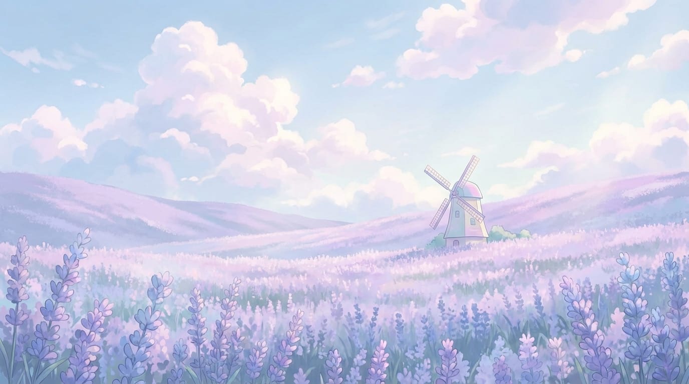 A field of lavender flowers under a pale blue sky, soft clouds moving slowly, anime style, pastel aesthetic, dreamy atmosphere, high resolution