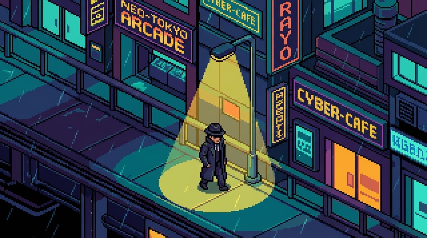 16-bit pixel art, a character in a trench coat walking slowly under a streetlamp in a cyberpunk city, isometric view, limited color palette, sharp pixel edges.