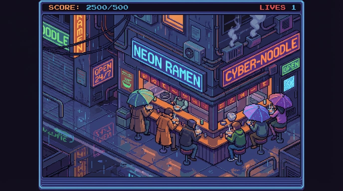 16-bit pixel art, isometric view of a cozy cyberpunk noodle shop at night, neon signs reflecting in puddles, limited color palette, sharp edges, no anti-aliasing, retro arcade aesthetic.