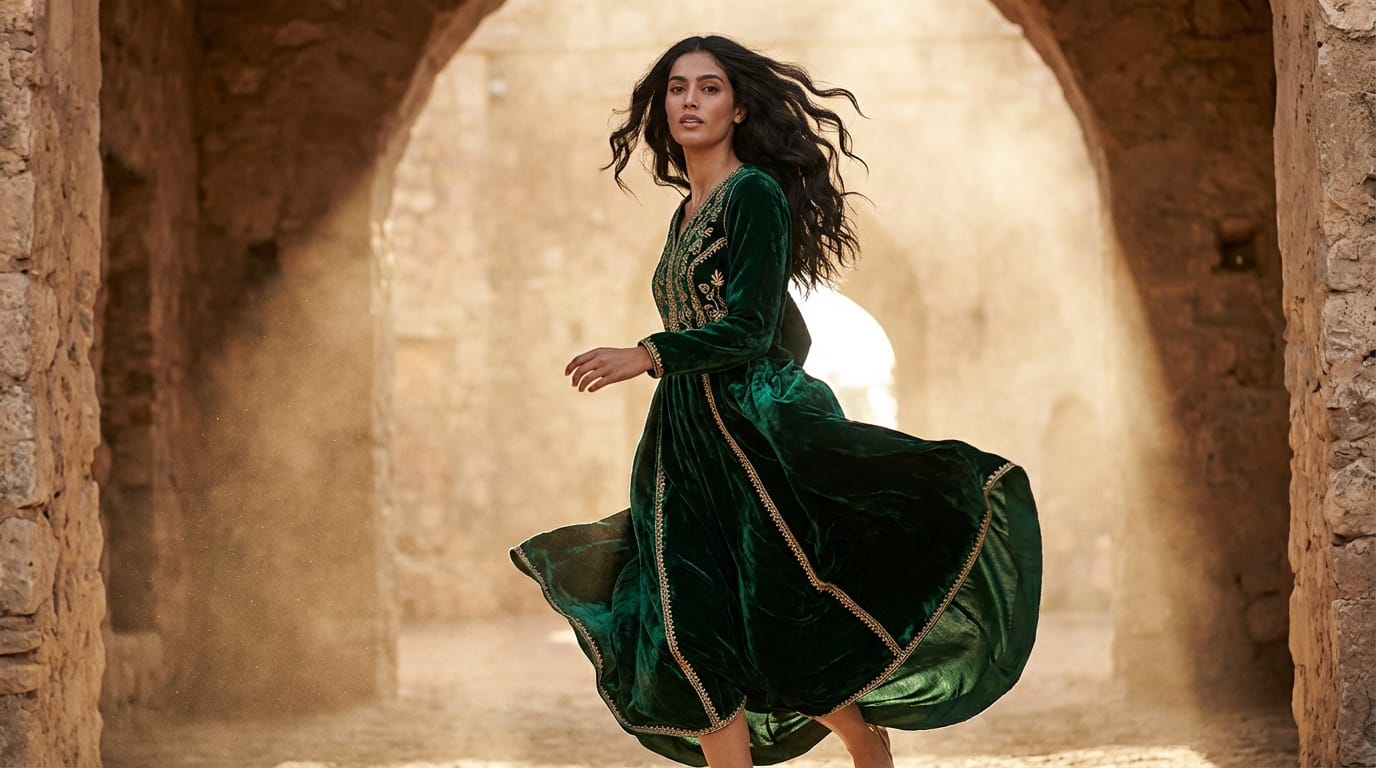 Transform this basic 3D render into a photorealistic commercial photograph. A female model in motion, long flowing hair catching the wind, wearing an intricate embroidered velvet dress. Dynamic cloth physics, volumetric sunlight filtering through dust particles, hyper-detailed fabric weave, professional CG rendering standard, highly realistic.