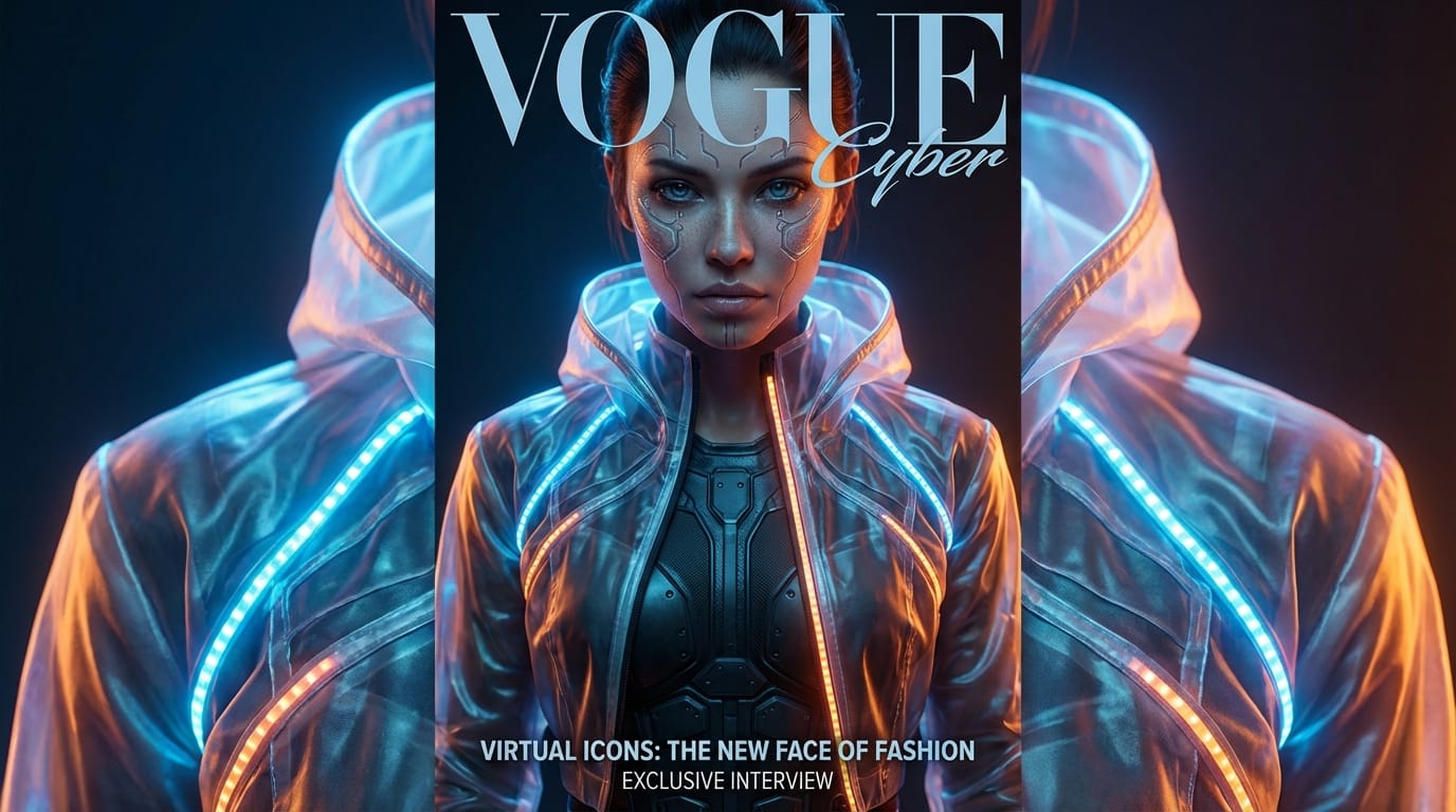 A high-end fashion magazine cover featuring a hyper-realistic virtual idol, close-up portrait, wearing a multi-layered cyberpunk translucent silk jacket over a tactical corset. Extreme studio rim lighting, neon blue and warm orange cinematic atmosphere, ultra-detailed skin texture, 8k resolution, shot on 85mm lens, sharp focus, professional color grading.
