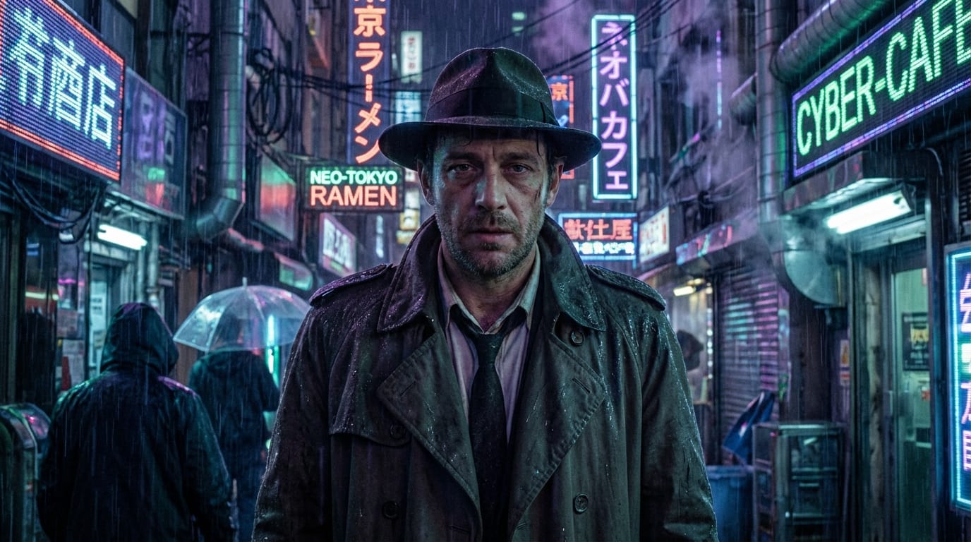 Cinematic medium shot of a weary detective in a neon-lit cyberpunk alleyway, speaking directly to the camera: "The city never sleeps, but it sure knows how to hide." Raindrops hit his trench coat, synchronized with a dark synth background track and ambient rain sounds.