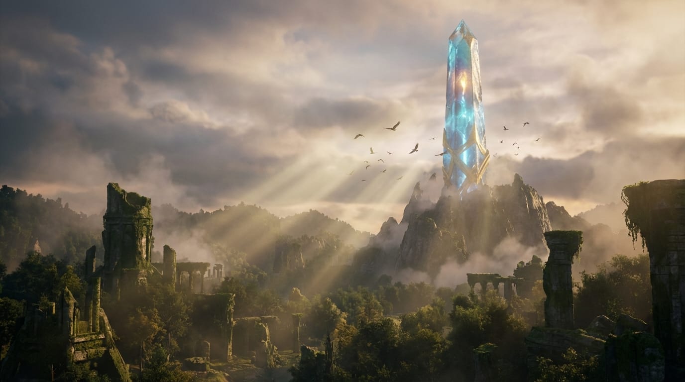 Slow dolly-in shot over a majestic fantasy landscape. The static image of the glowing crystal tower transitions into a dynamic scene with volumetric lighting, birds flying in the background, and an epic orchestral swell building up in the audio track.
