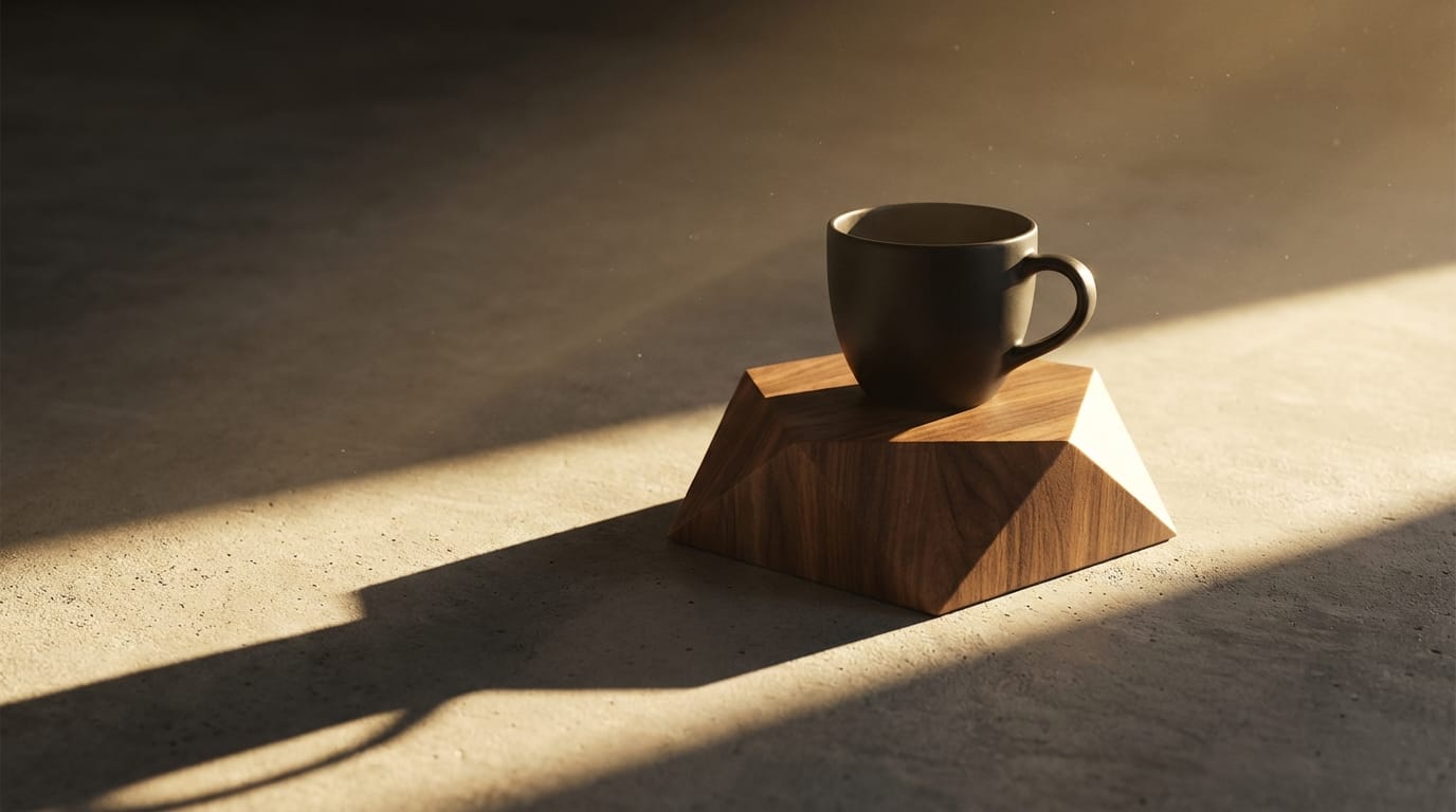 High-end commercial still life, a sleek matte black coffee cup on a geometric wooden block, warm directional sunlight, sharp shadows, minimalist aesthetic, 8k, photorealistic