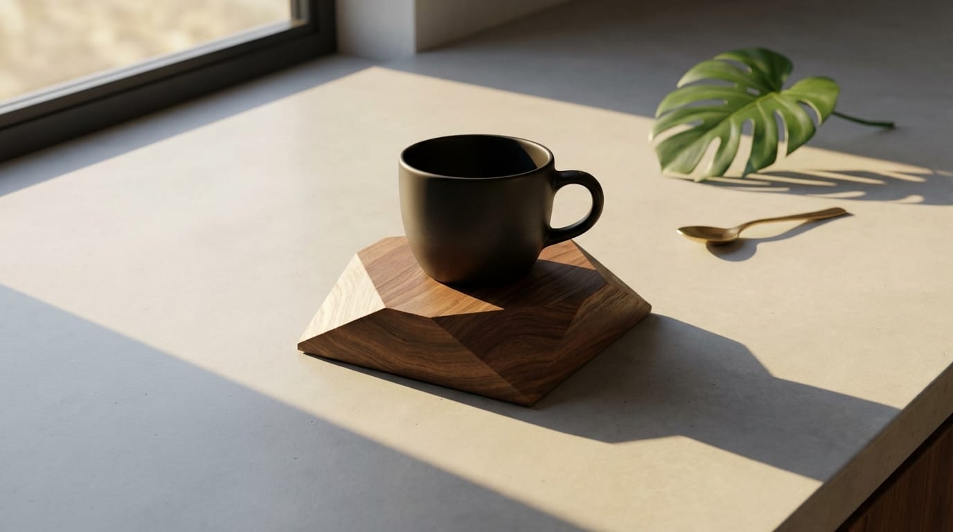 High-end commercial still life, a sleek matte black coffee cup on a geometric wooden block, warm directional sunlight, sharp shadows, minimalist aesthetic, 8k, photorealistic
