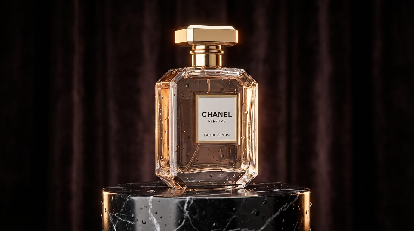 Commercial still life photography of a luxury perfume bottle on a sleek black marble pedestal, dramatic rim lighting, softbox illumination, water droplets on the glass surface, dark moody background, 8k resolution, photorealistic, macro lens, sharp focus