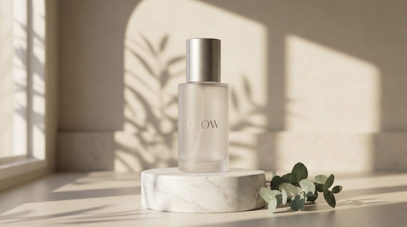 A modern minimalist skincare product mockup on a marble podium, soft morning sunlight casting elegant shadows, the text 'GLOW' subtly embossed on the bottle, photorealistic, 8k resolution, commercial photography.